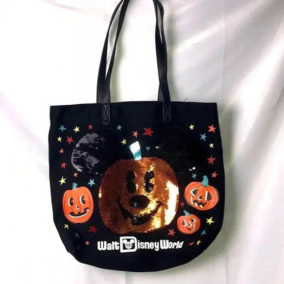 DISNEY BLACK SEQUINED MICKEY MOUSE PUMPKIN CANVAS TOTE TRICK OR TREAT BAG - Picture 1 of 14